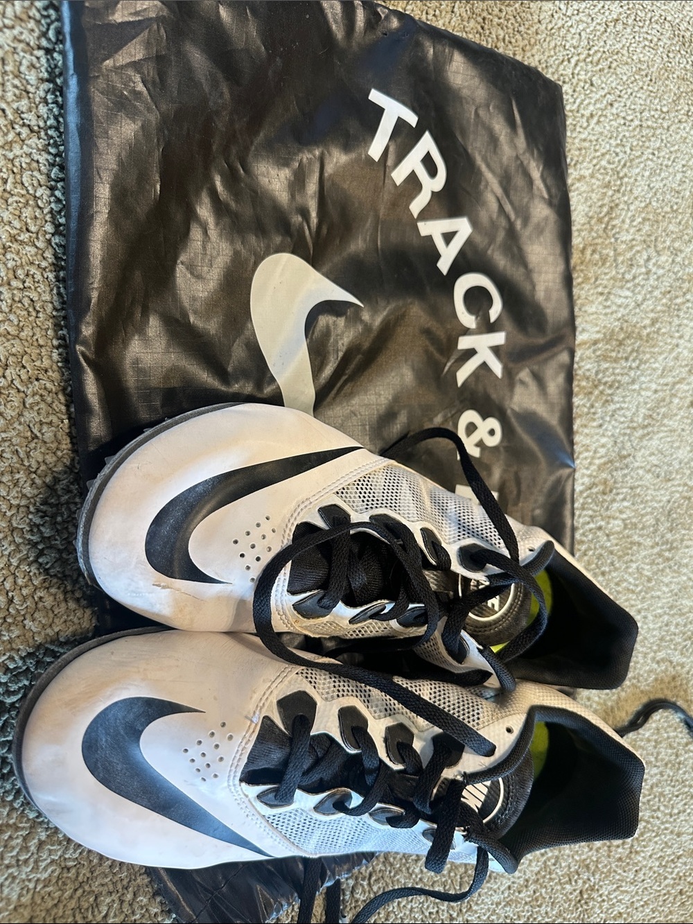Nike White and Black Men's Track Spikes with Neon Lime Inner Detail